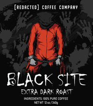 Load image into Gallery viewer, Black Site Extra Dark Roast Coffee label, featuring the image of a man in a prison orange jumpsuit, with manacles on his arms and a bag on his head
